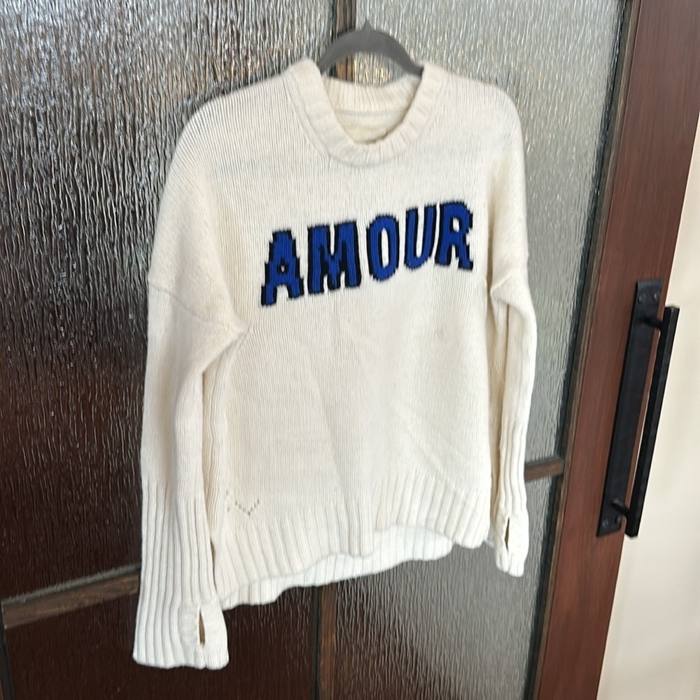 Zadig & Voltaire Malta Amour Cream Blue Varsity Wool Crewneck Sweater Size Large - Picture 8 of 10